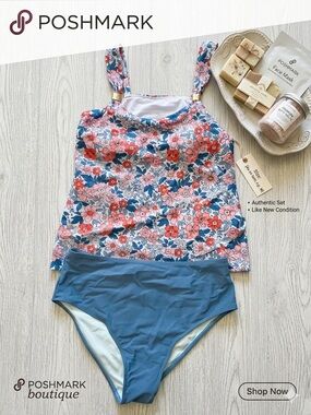 Floral Tankini Swimsuit - Blue & Coral